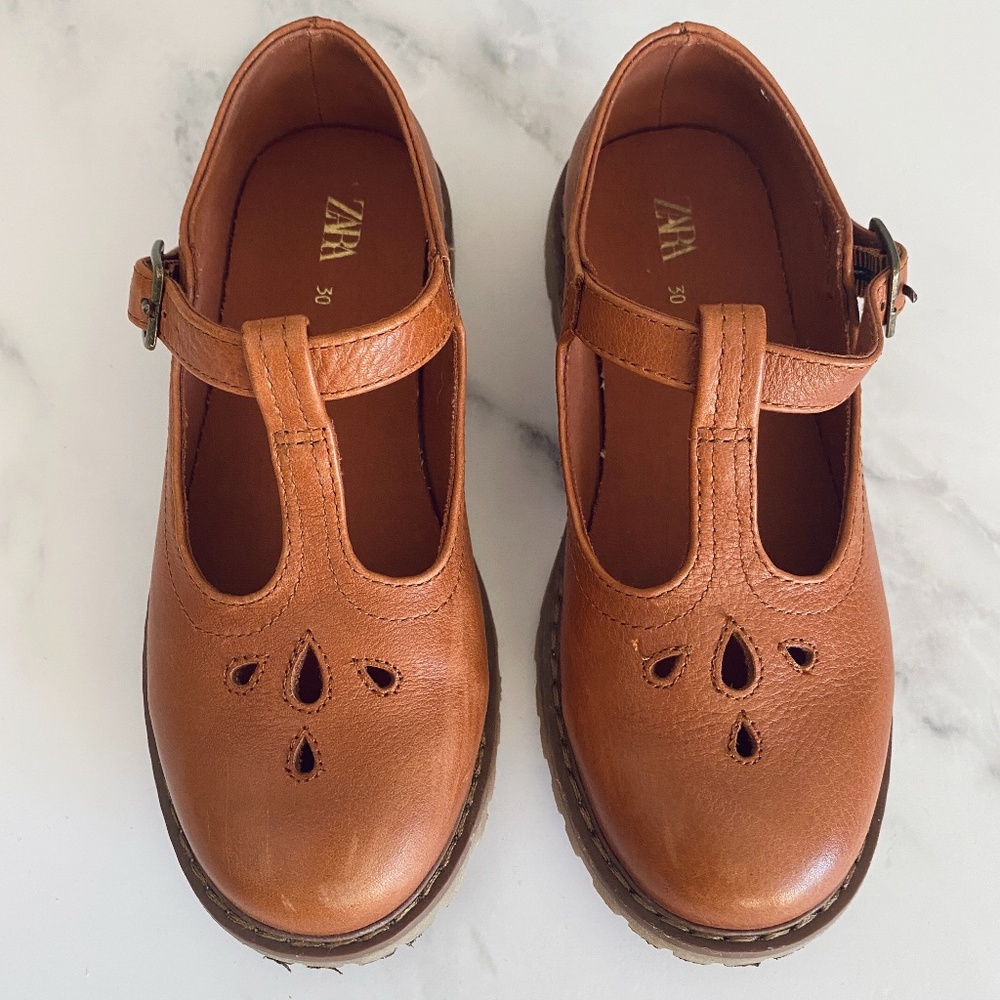 Zara Brown T-Strap Leather Mary Janes | Size 12.5